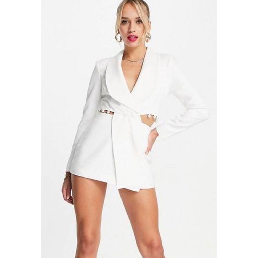 NWT Lavish Alice Pearl Trim Cut‎ Out Waist Blazer in White bridal formal